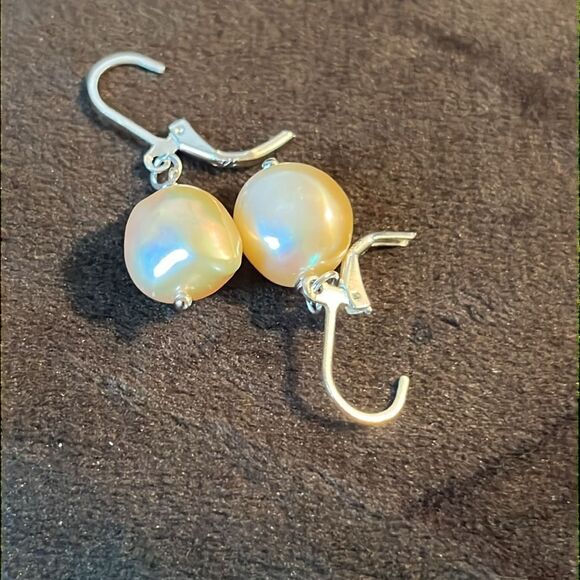 12-14mm Peach Pearl Earrings 925 Sterling Silver Leverbacks - Picture 6 of 7